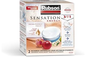 Rubson Sensation Energy, 2 Recharges universelles de 300 gr pour absorbeur d'humidité, Recharge 3-en-1 anti-humidité & anti-odeur et qui offre une sensation fraîche, parfum fruits