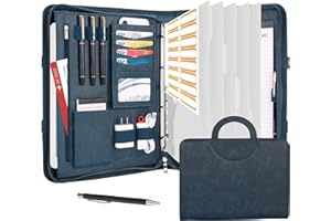 Leathario Cartella Portadocumenti A4 in pelle vegana, con Maniglia, Quaderno, Portadocumenti con Portablocco Raccoglitore ad Anelli, Protezioni Colorate per Fogliper Colloqui, Viaggi,Riunioni