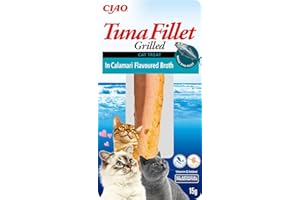 INABA Filetti di Tonno Grigliato per Gatti, in Brodo al Gusto di Calamari - Snack Gatto Ricco di Antiossidanti Senza Conservanti o Coloranti Artificiali, Grain-Free - Cibo per Gatti, 1 Filetto x 15g