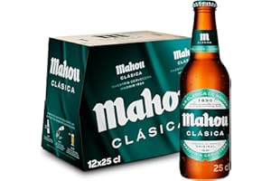 Mahou Clásica, Pack 12 Botellas x 25cl, Cerveza Dorada Lager, Auténtica Cerveza Mahou Con Sabor Suave, Refrescante y Con Espuma Consistente, 4.8% Vol. Alcohol