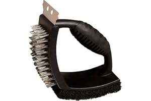 BELUIN Cepillo Barbacoa con Rascador Y Estropajo 3x1 para Limpieza De Todo Tipo De Parrilla - Accesorios Barbacoa De Acero Inoxidable para Barbacoa De Carbón Y Leña (18_cm)