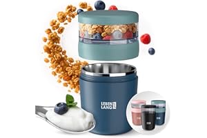 LEBENLANG Müslibecher To Go mit Löffel - Isolierende Edelstahlinnenwand & 650ml I Joghurtbecher to go Müslibecher Müsli to go Becher für Porridge Joghurt Yoghurt Kinder & Erwachsene Unterwegs