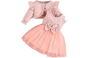 LUVCES Vestito Bambina tutù e Cardigan 2 Pezzi Set Floreale Senza Maniche con Papillon Tulle Abito Vestiti + Cardigan Abbigliamento Estivo per Festa di Compleanno