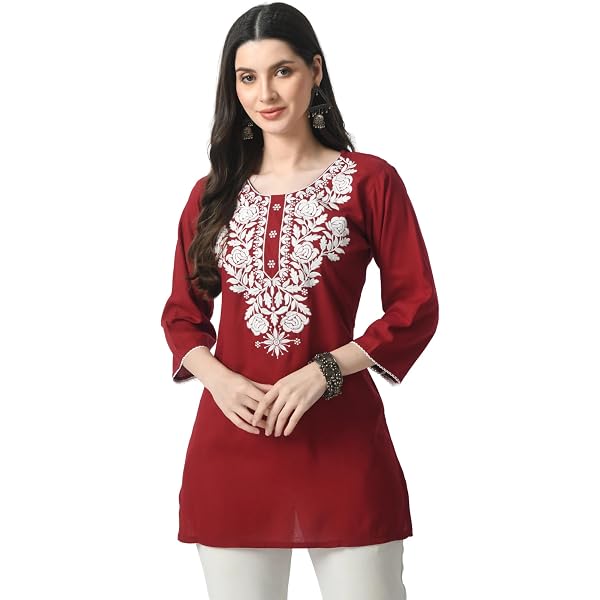 Grosy Women’s Bohemian Embroidered Top – 3/4 Sleeve V-Neck Hippie Peasant Blouse (Rayon) - View #7