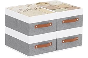 YheenLf Cajas Almacenaje, Plegables Cubos de Almacenamiento Decorativos de Tela, Cestas Organizadoras con Asas para Dormitorio, Sala de Estar, 33×23×14cm, Paquete de 4, Gris/Blanco
