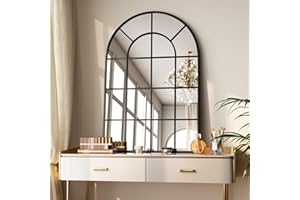 Koonmi 90x60cm, Arched Wall Mirror, Bathroom Mirror with Grid, Tempered Glass Explosion-Proof Decorative Mirror, Suitable for Window Decoration, Bedroom, Entryway and Various Styles, Black