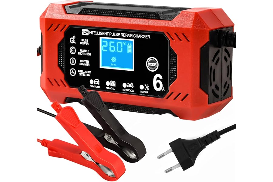 Cargador de Baterias Coche y Moto, Cargador Bateria Moto 12v 6A Inteligente