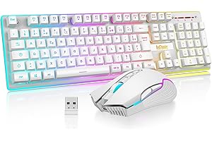 RedThunder K10 Set mit Tastatur und Maus, kabellos, Gaming-Tastatur, Hintergrundbeleuchtung, französisches AZERTY, wiederaufladbare Akkus, Gaming-Maus 3200 DPI für PC PS5 Xbox One Gamer (weiß)