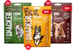 MERA Snacker Mix-Pack ohne Getreide (6 x 200g), herzhaft softe Hundeleckerli für Training oder als Snack, mit Geflügel, Lamm und Rind