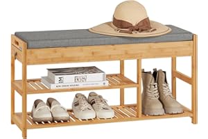 SoBuy® FSR47-N, Bamboo Shoe Rack Shoe Bench with Seat Cushion, Hallway Shoe Storage Bench Organizer with Drawers