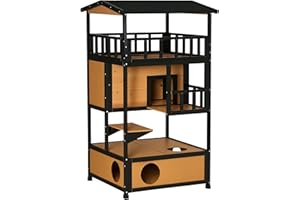 PawHut Wooden Outdoor Cat House 3-Tier Kitten Shelter w/Tilted Roof Yellow