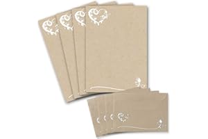 GLÜXX-AGENT Set di 25 fogli da lettere DIN A4, carta da lettere in carta kraft con decorazione floreale a forma di cuore, con buste abbinate DIN C6 in carta da lettere color tortora stampabile, ideale per inviti
