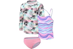 AISYEE Girls Swimming Costume 3 Piece Rash Guard Set Kids Girls Swimsuit Set Long Sleeve Rash Vest and Shorts Girls Tankini Swim Set 5-16 Years