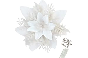 GREENTIME 12 Pcs Glitter Poinsettia 5.5" Artificial Flowers Christmas with Clips Stems Xmas Tree Ornaments for Wedding Party Wreath Decoration (White)