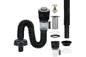FALSKT Kit Desague Lavabo Sifón Lavabo Sifon Cocina Desague Fregadero con Manguera de Drenaje Flexible Retráctil y Tapón de Drenaje Mergente Prueba de Fugas y Olores Escalable 230-800 mm Negro