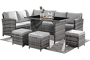 ESTERNO LIVING Lisbon Grey 9 Seater Rattan Corner Sofa Dining Set Garden Furniture with Light Grey Cushions Compact Wicker Weatherproof Garden Set Seat. FREE RAIN COVER