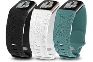 TOYOUTHS 3 Stück Löwenzahn Floral Gravierte Armband Kompatibel mit Fitbit Charge 6/Charge 5 Armband Damen, Blume Cute Weich Silikon Sport Armbänder für Charge 6, Schwarz/Weiß/Grün
