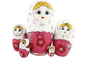 WINTERWORM Set di 5 bambole matrioska rosso fiore rosa matrioska russo nidificante giocattolo in legno impilabile regalo fatto a mano bambole folk bambini regalo divertente regali per la camera dei decorazione