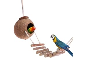 iFCOW Hängendes Kokosnuss-Vogelhaus mit Leiter, natürlicher Kokosnuss-Vogelnest-Vogelkäfig für Papageiensittich-Syrischer Hamsterkäfig