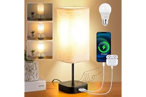 YMEP Table-Lamp-Bedside-Touch-Control-Dimmable-Charging-Rechargeable USB A+C Charger Ports 3-Way Dimmer Linen Fabric Shade Lamps LED Tables Lampe Reading Night Modern Lights Bedroom Living Bed Side Lounge