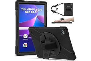 Gerutek Funda Anticaída para Lenovo Tab M10 Plus 3rd Gen 2023/2022, 10,6 Pulgadas, Carcasa Rugosa con Soporte Giratorio, Correa de Mano/Hombro, Funda para Lenovo Tab M10 Plus 3rd (TB-125F/128F), Negro