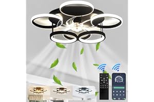 Qiaomao Ventilateur de Plafond Silencieux Avec Lumiere, 75W Dimmable Plafonnier Ventilateur LED, Lustre Salon LED Design à 6 Anneaux Avec Télécommande et APP, 6 Vitesses, Réversible, Minuterie, Noir