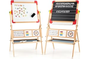 ‎DREAMADE DREAMADE doppelseitige Kinder Staffelei aus Holz, Kinderstaffelei Kindertafel mit Papierrolle Whiteboard und Kreidetafel, inkl. Alphabet Marker Kreide Radiergummi
