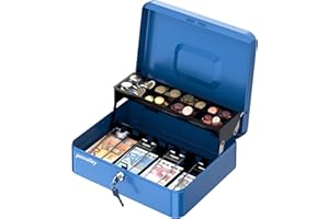 POS VALLEY Boîte à valeurs portable en fer, avec plateau porte-pièces et ressorts en acier ferme billets, serrure de sécurité 30 x 24 x 9 cm (bleu)