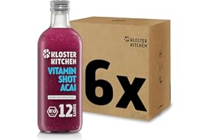 Kloster Kitchen Organic Vitamin Shot Acai 12SHOTS 6x 360 ml con trozos de jengibre auténtico I Ginger Shot botella de cristal vegana dulce y picante sin aditivos (incl. 1,50 € de fianza única)