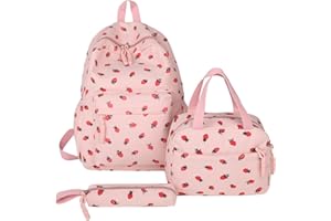 Makukke Kawaii Girls' School Backpack - Adorable Strawberry Corduroy 3-in-1 School Bookbag with Fleece Lunch Box & Pencil Case for Age 8-10