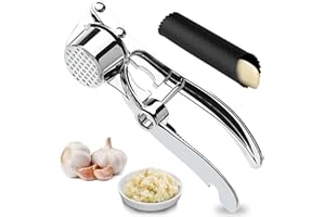 NVSEATY Wyciskarka do czosnku ze stali nierdzewnej z 5 funkcjami i obieraczką do czosnku silikon, praktyczny i oszczędzający czas zestaw do prasy i obieraczek do czosnku