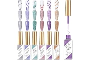 Rechoo 6pcs Pintauñas Gel con Brillo de Diamante, Reflective Glitter Set Esmalte de Uñas Semipermanentes, 8ml Gel Uñas para Painting Liner, Liner Nail Gel Polish, Colores Semipermanentes Uñas
