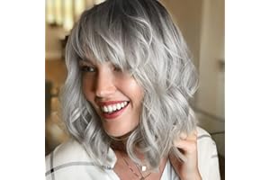 PARXITN Kurze Bob Perücke mit Pony Dunkler Wurzel Ombré-Silber Perücke Synthetisches Haar Bunt Täglich Party Halloween Cosplay Gewellte Lockige Perücken für Frauen