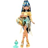 Monster High Cleo De Nile Doll with Golden Clothes | Mummy with crop top and skirt, includes cobra Hissette, backpack, snack