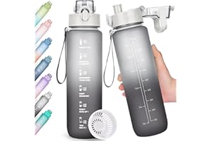 Gobravio Water Bottle 1L Drinks Bottle BPA Free Sports Water Bottle with Time Markings Leak Proof Sport Bottle for Running, Cycling, Gym, School and Office