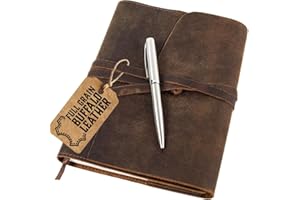 moonster Leather Journal Refillable Notebook, Writing Journals for Women, Mens Notebook Cover with Pen, Leather Bound Lined Paper A5 Travelers Diary, Vintage Writing Travel Journal