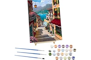 EOBROMD Seaside City Paint by Numbers for Adults on Framed Canvas, Street View Paint by Numbers Kits with Wood Easel, Oil Acrylic Craft Art Painting Kits for Home Wall Decor 12x16 in