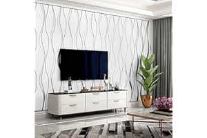 Baketron White Wallpaper Silver Glitter Textured 3D Effect Embossed Wallpapers Wave Stripes Wall Paper Roll Modern Feature for Living Room Bedroom Adults Hallway Kitchen Front Room