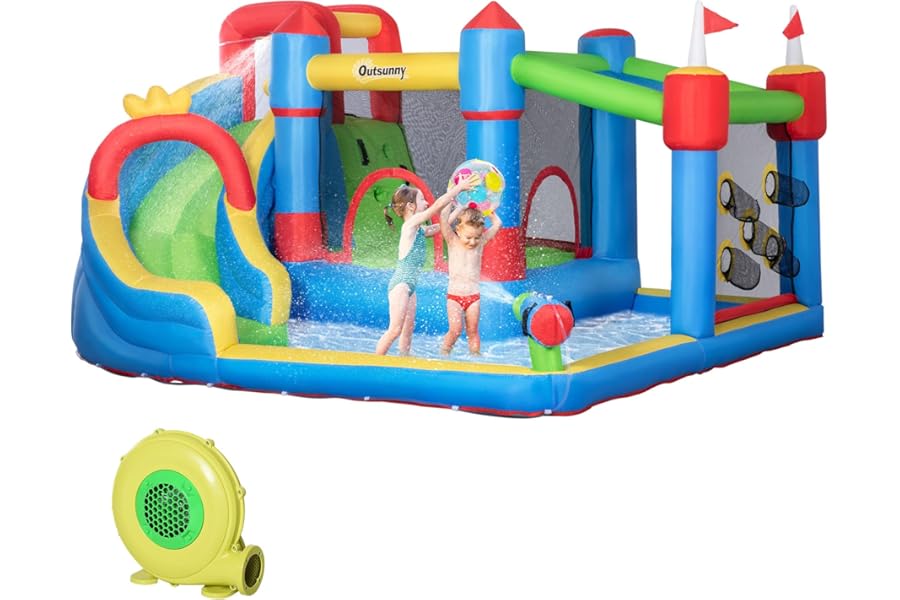 Outsunny Bouncy Castle, 6-in-1 Kids Inflatable Bounce House, Kids Inflatable Jumping Castle with Water Slide, Water Gun, Climbing Wall, Air Blower for Indoors/Outdoors, 3.9 x 3 x 2m
