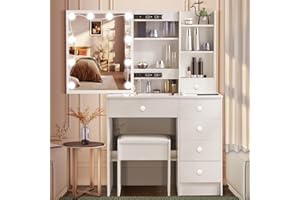 Dradaomull Tavolo da toeletta con specchio e 10 luci a LED, bianco con 6 cassetti e 3 scomparti aperti, 3 livelli di illuminazione regolabili