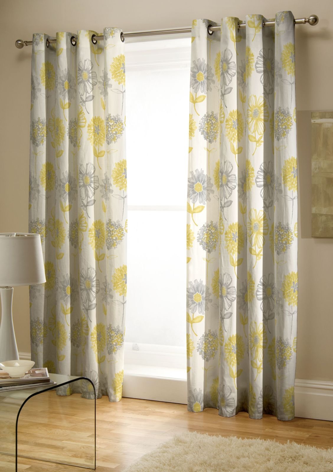 Floral 66 X 72 Curtains Ringtop Lined Easy Care Yellow Floral