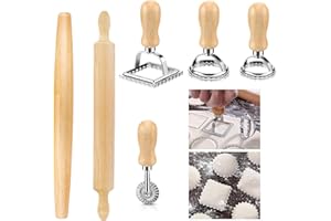AOMAIC Ravioli Maker Cutter Stamp Set 3 Ravioli Cutters with 2 Rolling Pins Square Round Mold 1 Pasta Cutter Wheel Pasta Roller Wheel Mold Ravioli Pasta Maker Mold for Making Ravioli Pasta Dumplings Lasagna