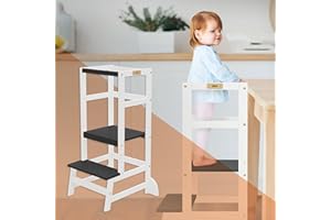 Joyz Torre di Apprendimento Montessoriana Sgabello per Bambini Regolabile in Altezza in Legno Bianco/Nero ca. 54 x 44 x 90 cm Seggiolone da Cucina Sedia di Apprendimento Pieghevole Anti-ribaltamento