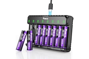 POWXS 8X 3500mWh AA Lithium Akkus mit 8-Fach Schnellladegerät mit LCD-Display | Schnelle Aufladung & 1.5V Konstante Leistung | Für Gamecontroller, LED-Lichter, Fernbedienung
