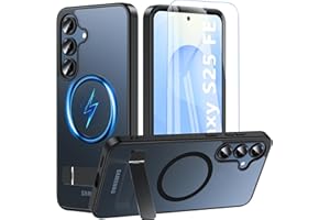 OWKEY Coque pour Samsung Galaxy S25 FE avec Support Réglable,Compatible avec MagSafe [Verre Trempé] Magnétique Protection S25 FE Militaire Antichoc Étui Translucide Mat avec Béquille Housse Case, Noir