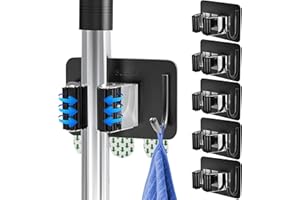 CELBERENA 5 Pack Mop Broom Holder, Damage Free Hanging Wall Mount Mop Holder with Hook, Stainless Steel Self Adhesive Mop Hanger for Bathroom, Kitchen, Office, Closet, Garden Garage (Black)