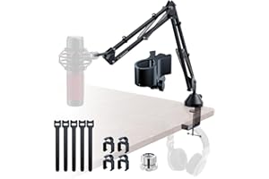 CACENCAN Mikrofon z ramieniem wysięgnika, uchwyt na biurko z ramieniem mikrofonowym, składany, z adapterem śrubowym 3/20.3 cm do 5/20.3 cm, regulowany stojak mikrofonowy do nagrywania podcastów, gier, czarny