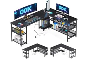 ODK L Shaped Gaming Desk, 168 x 120 cm Reversible Computer desk with 2 Sockets and 2 USB Charging Ports, Corner Desk with Storage for Home Office Black