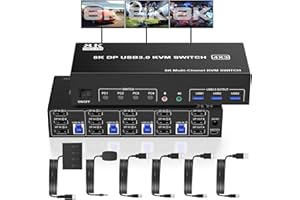 RYTAKI PRO 8K Displayport USB 3.0 KVM Switch 3 Monitors 4 Computers, DP 1.4 Triple Monitor KVM Switch with Audio Microphone Output and 3 USB 3.0 Ports, 8K DP KVM Triple Monitor Keyboard Mouse Switcher