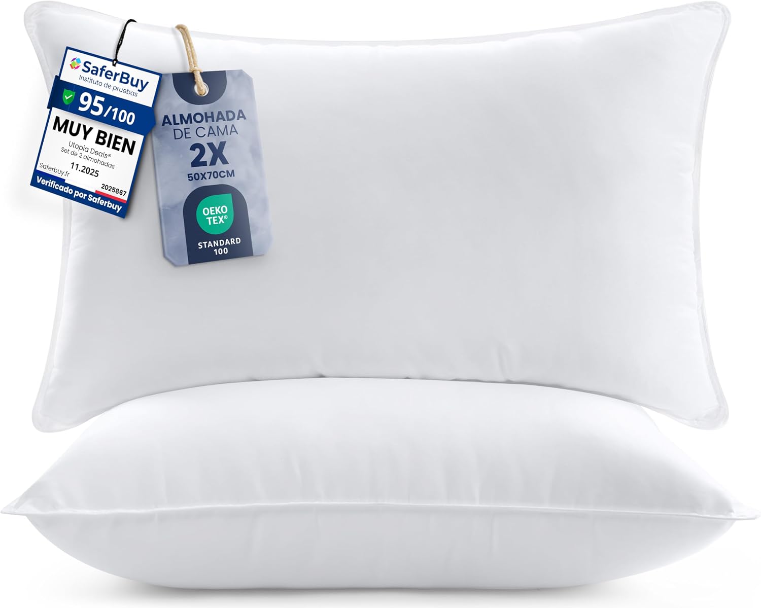 Utopia Bedding Almohadas (2 Unidades), 50 x 70 cm Almohadas de Primera, Fibra Hueca Virgen Siliconada, Almohadas Suave de Fácil Cuidado (Blanco)